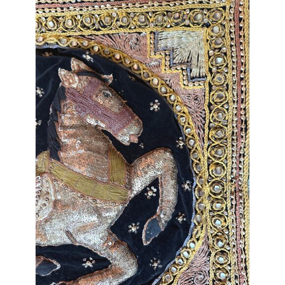 Handmade Burmese Kalaga Embroidered Tapestry Sequined Horse Motif - Picture 3 of 11